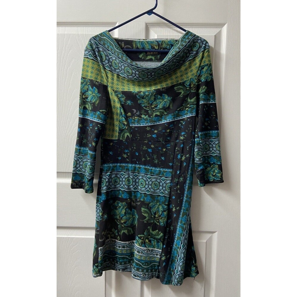 Reborn Dress Women Small Blue Black 3/4 Sleeve Sheath Patchwork Knit Knee Length